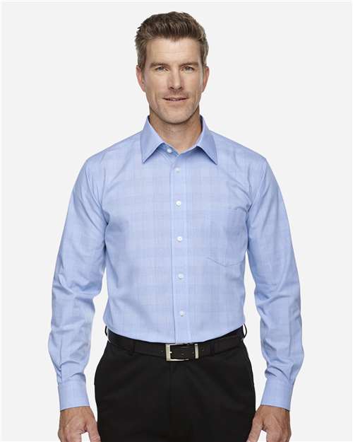 Devon & Jones DG520 Men's Crown Collection Glen Plaid Woven Dress Shirt - White/ Light French Blue - model front