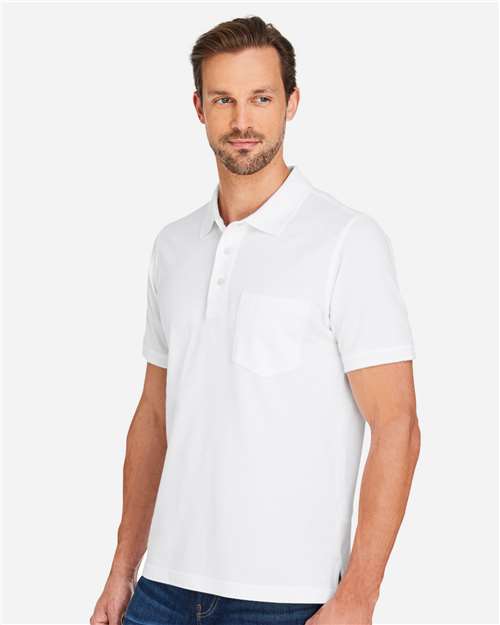 Harriton M205P Men's Valiant Cotton Snag Protect Pocket Polo - White - model side