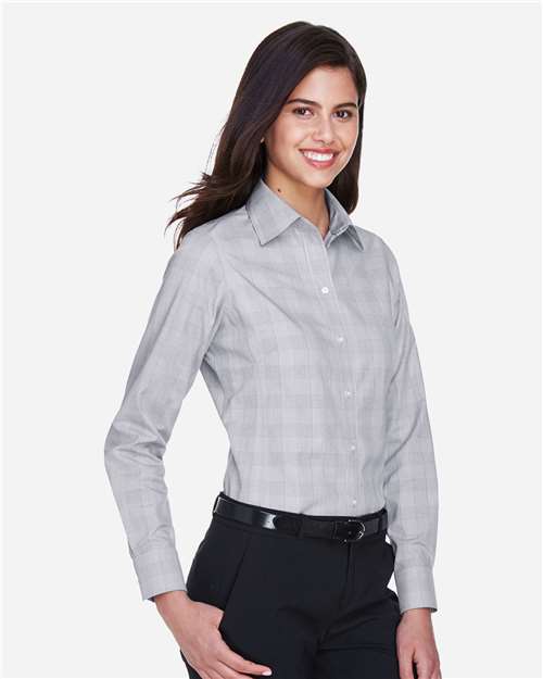 Devon & Jones DG520W Women's Crown Collection Glen Plaid Woven Dress Shirt - White/ Graphite/ Light Grey - model side