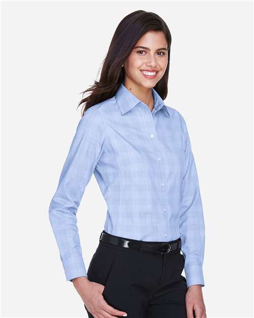 Devon & Jones DG520W Women's Crown Collection Glen Plaid Woven Dress Shirt - White/ Light French Blue/ French Blue - model side