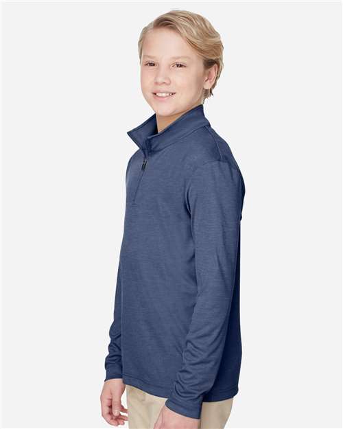 Team 365 TT31HY Youth Zone Sonic Heather Performance Quarter-Zip Pullover - Sport Dark Navy Heather - model side