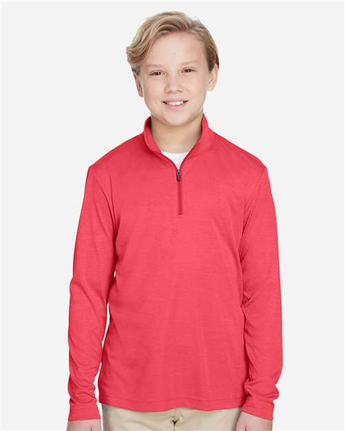 Team 365 TT31HY Youth Zone Sonic Heather Performance Quarter-Zip Pullover - Sport Red Heather - model front
