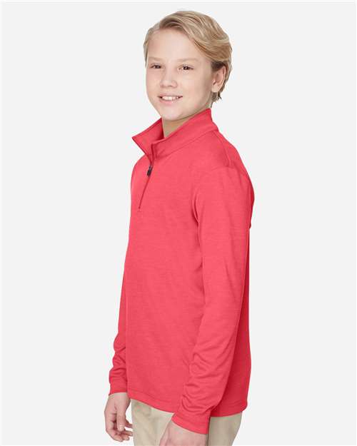 Team 365 TT31HY Youth Zone Sonic Heather Performance Quarter-Zip Pullover - Sport Red Heather - model side