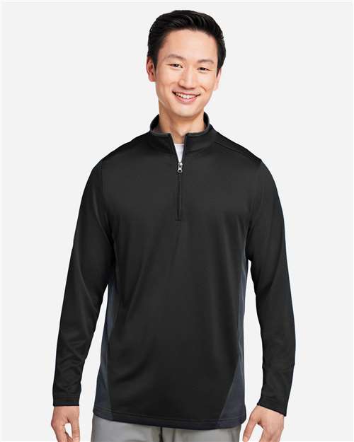 Harriton M786 Men's Flash Snag Protection Plus IL Colorblock Quarter-Zip Pullover - Black/ Dark Charcoal - model front