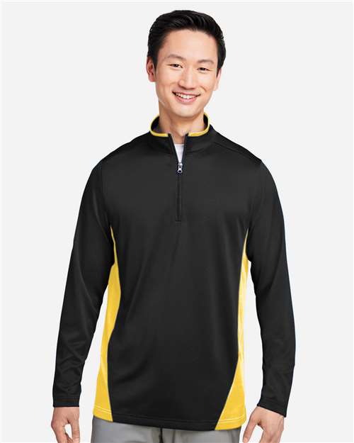 Harriton M786 Men's Flash Snag Protection Plus IL Colorblock Quarter-Zip Pullover - Black/ Sunray Yellow - model front