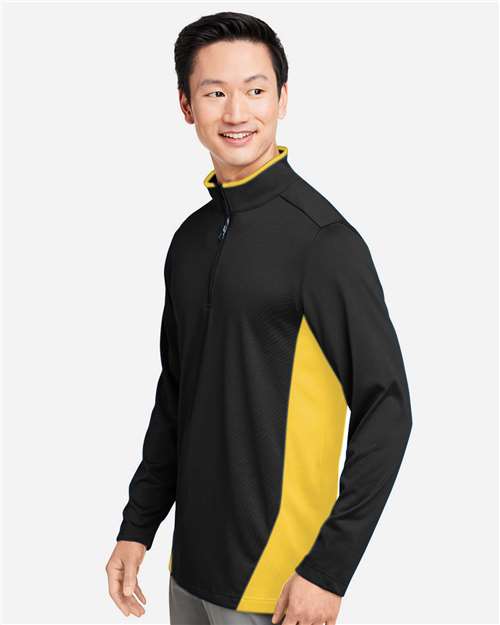 Harriton M786 Men's Flash Snag Protection Plus IL Colorblock Quarter-Zip Pullover - Black/ Sunray Yellow - model side