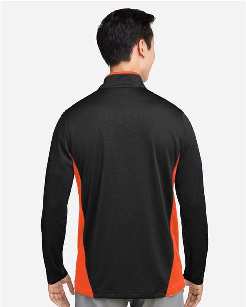 Harriton M786 Men's Flash Snag Protection Plus IL Colorblock Quarter-Zip Pullover - Black/ Team Orange - model back
