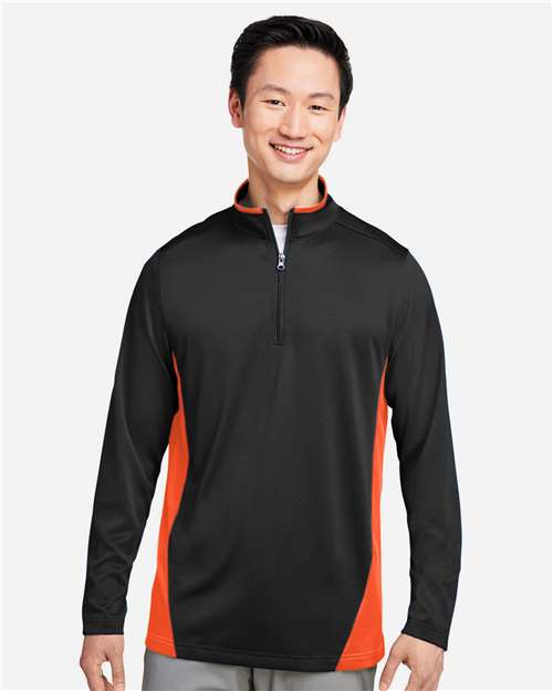Harriton M786 Men's Flash Snag Protection Plus IL Colorblock Quarter-Zip Pullover - Black/ Team Orange - model front