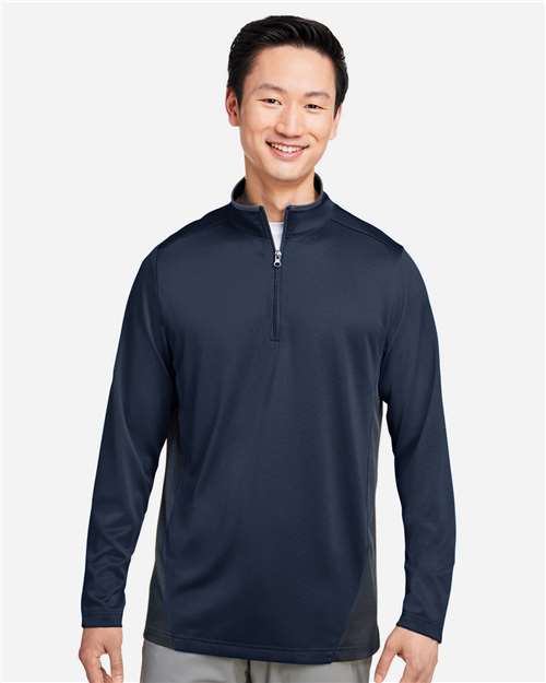 Harriton M786 Men's Flash Snag Protection Plus IL Colorblock Quarter-Zip Pullover - Dark Navy/ Dark Charcoal - model front