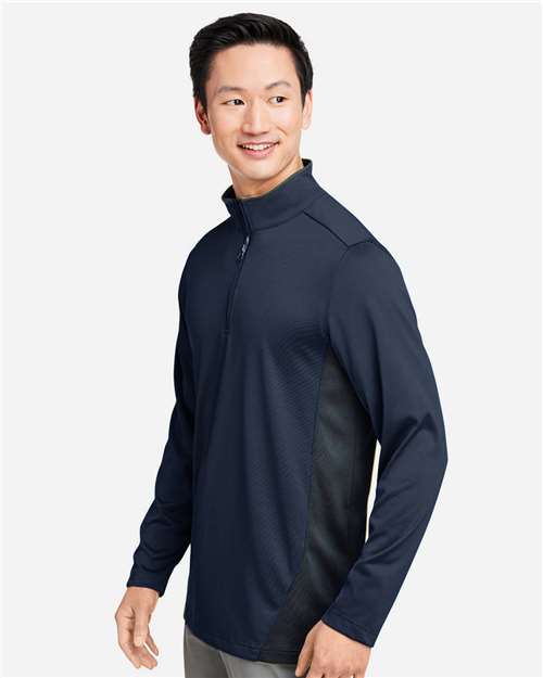 Harriton M786 Men's Flash Snag Protection Plus IL Colorblock Quarter-Zip Pullover - Dark Navy/ Dark Charcoal - model side