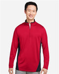 Harriton M786 Men's Flash Snag Protection Plus IL Colorblock Quarter-Zip Pullover - Red/ Black - model front