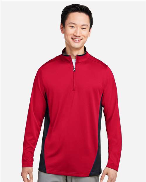 Harriton M786 Men's Flash Snag Protection Plus IL Colorblock Quarter-Zip Pullover - Red/ Black - model front