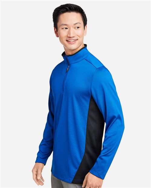 Harriton M786 Men's Flash Snag Protection Plus IL Colorblock Quarter-Zip Pullover - True Royal/ Black - model side