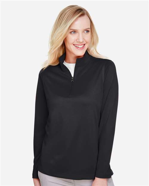 Harriton M748W Women's Advantage Snag Protection Plus Quarter-Zip Pullover - Black - model front