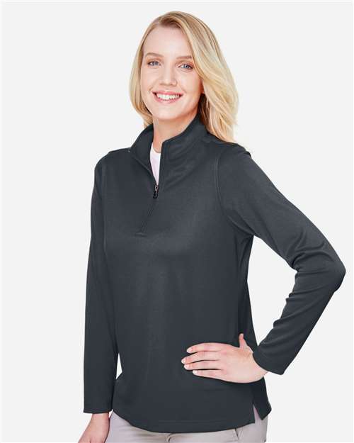 Harriton M748W Women's Advantage Snag Protection Plus Quarter-Zip Pullover - Dark Charcoal - model side