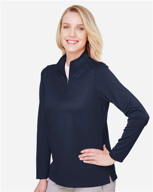 Harriton M748W Women's Advantage Snag Protection Plus Quarter-Zip Pullover - Dark Navy - model side