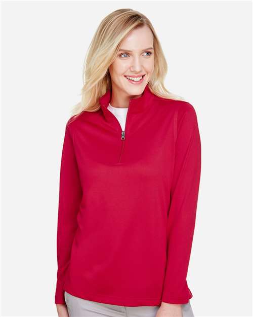 Harriton M748W Women's Advantage Snag Protection Plus Quarter-Zip Pullover - Red - model front