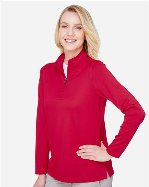 Harriton M748W Women's Advantage Snag Protection Plus Quarter-Zip Pullover - Red - model side