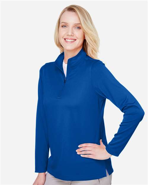 Harriton M748W Women's Advantage Snag Protection Plus Quarter-Zip Pullover - True Royal - model side