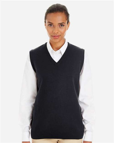 Harriton M415W Women's Pilbloc V-Neck Sweater Vest - Black - model front