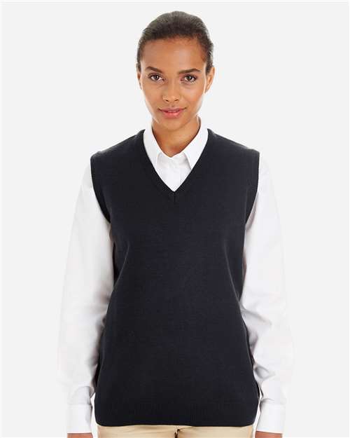 Harriton M415W Women's Pilbloc V-Neck Sweater Vest - Black - model front