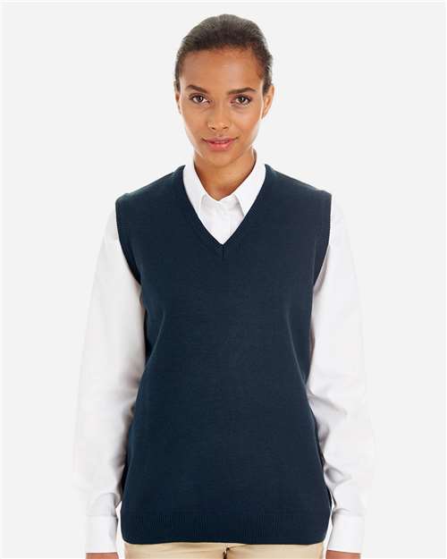 Harriton M415W Women's Pilbloc V-Neck Sweater Vest - Dark Navy - model front