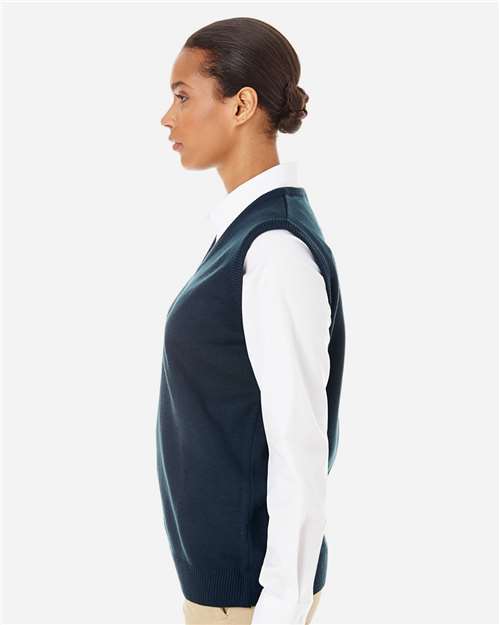 Harriton M415W Women's Pilbloc V-Neck Sweater Vest - Dark Navy - model side