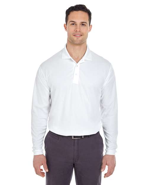 UltraClub 8210LS Cool & Dry Long Sleeve Mesh Piqué Polo - White - model front