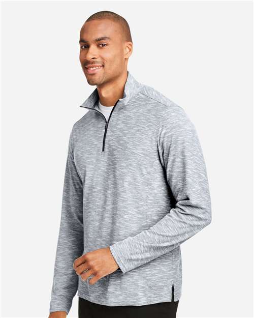 North End NE415 Men's Eclipse Jacquard Quarter-Zip Pullover - Black Heather - model side