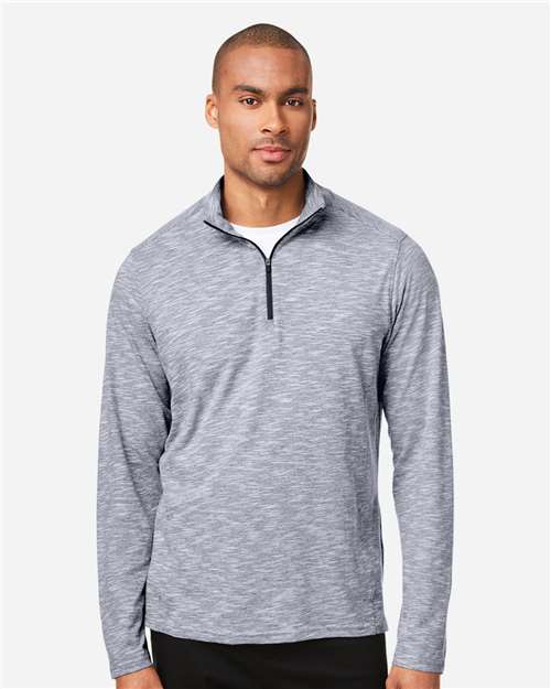 North End NE415 Men's Eclipse Jacquard Quarter-Zip Pullover - Classic Navy Heather - model front