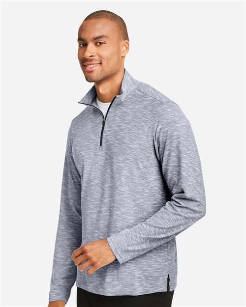 North End NE415 Men's Eclipse Jacquard Quarter-Zip Pullover - Classic Navy Heather - model side