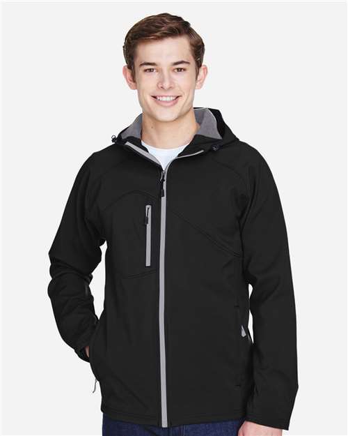 North End 88166 Men's Prospect Two-Layer Fleece Bonded Soft Shell Hooded Jacket - Black - model front