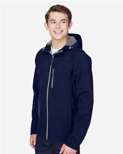 North End 88166 Men's Prospect Two-Layer Fleece Bonded Soft Shell Hooded Jacket - Classic Navy - model side