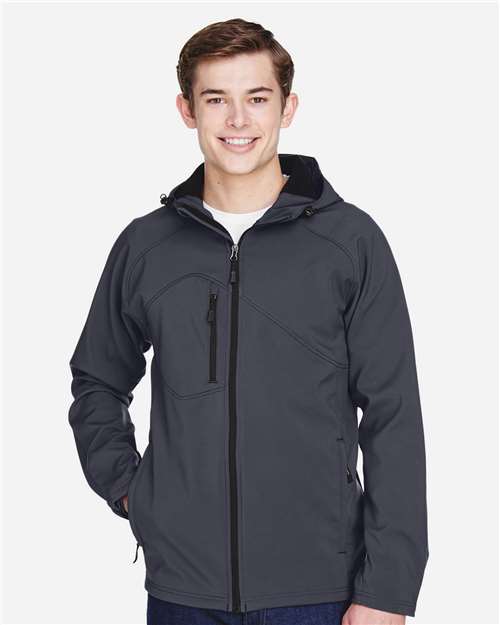 North End 88166 Men's Prospect Two-Layer Fleece Bonded Soft Shell Hooded Jacket - Fossil Grey - model front