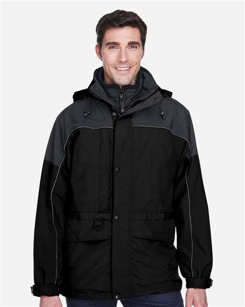North End 88006 Men's 3-in-1 Two-Tone Parka - Black - model front