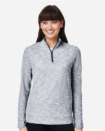 North End NE415W Women's Eclipse Jacquard Quarter-Zip Pullover - Black Heather - model front