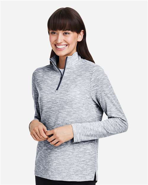 North End NE415W Women's Eclipse Jacquard Quarter-Zip Pullover - Black Heather - model side