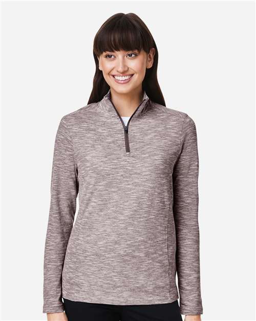 North End NE415W Women's Eclipse Jacquard Quarter-Zip Pullover - Burgundy Heather - model front