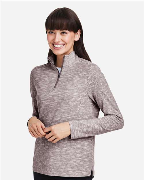 North End NE415W Women's Eclipse Jacquard Quarter-Zip Pullover - Burgundy Heather - model side
