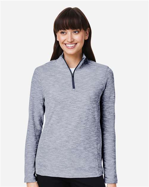 North End NE415W Women's Eclipse Jacquard Quarter-Zip Pullover - Classic Navy Heather - model front
