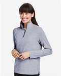 North End NE415W Women's Eclipse Jacquard Quarter-Zip Pullover - Classic Navy Heather - model side