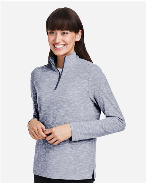 North End NE415W Women's Eclipse Jacquard Quarter-Zip Pullover - Classic Navy Heather - model side