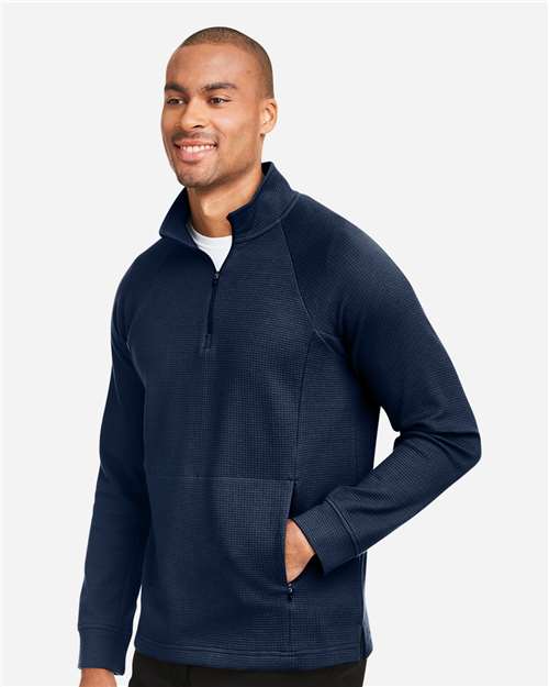 North End NE200 Men's Rhythm Waffle Quarter-Zip Pullover - Classic Navy - model side