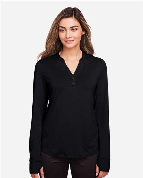 North End NE400W Women's JAQ Stretch Performance V-Neck Snap Pullover - Black - model front
