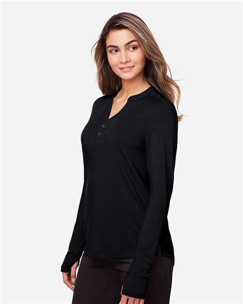 North End NE400W Women's JAQ Stretch Performance V-Neck Snap Pullover - Black - model side
