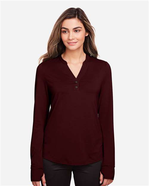 North End NE400W Women's JAQ Stretch Performance V-Neck Snap Pullover - Burgundy - model front