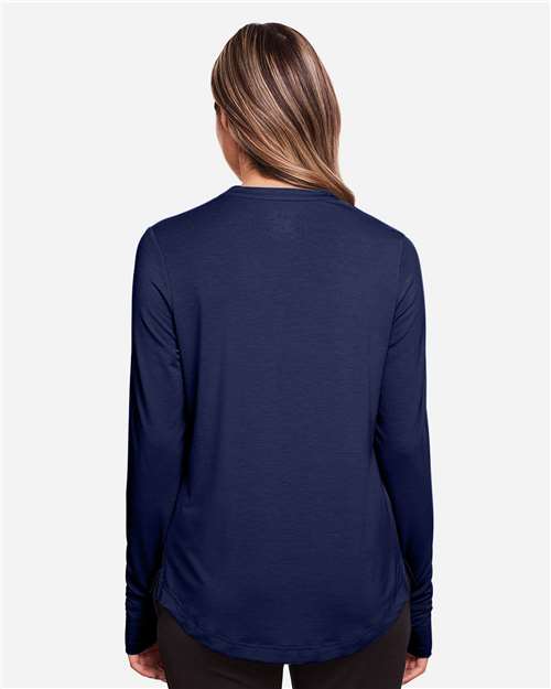 North End NE400W Women's JAQ Stretch Performance V-Neck Snap Pullover - Classic Navy - model back