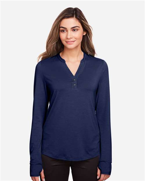 North End NE400W Women's JAQ Stretch Performance V-Neck Snap Pullover - Classic Navy - model front