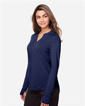 North End NE400W Women's JAQ Stretch Performance V-Neck Snap Pullover - Classic Navy - model side