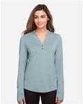 North End NE400W Women's JAQ Stretch Performance V-Neck Snap Pullover - Opal Blue - model front